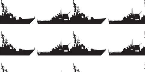 Six black silhouette warships in a repeating pattern against a white background © SDR