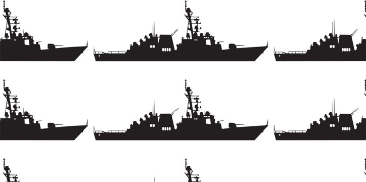 Six black silhouette warships in a repeating pattern against a white background