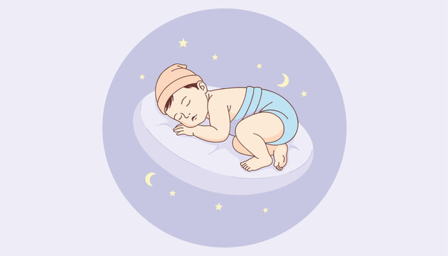 Sweet sleeping baby wearing pink nightcap and diaper resting peacefully on soft pillow under starry night sky.