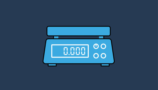 Blue digital kitchen scale with zero value on display screen showing measurement preparation on dark background.