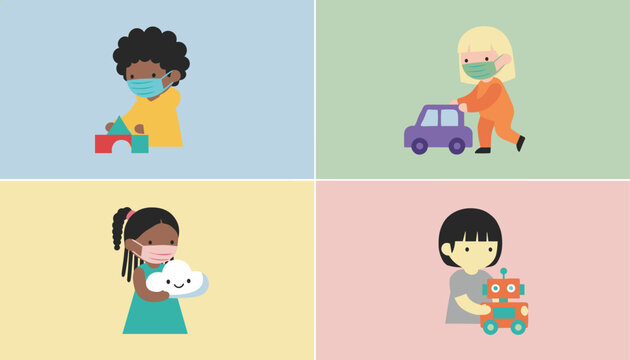 Four diverse young children wearing protective face masks while playing happily with their favorite toys indoors.