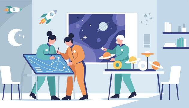 Team of space scientists works in a laboratory, analyzing star charts and preparing solar system models.