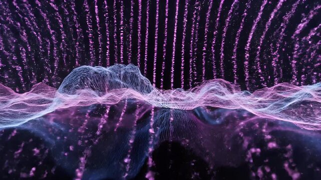 Abstract digital landscape with glowing pink and blue mountain-like forms