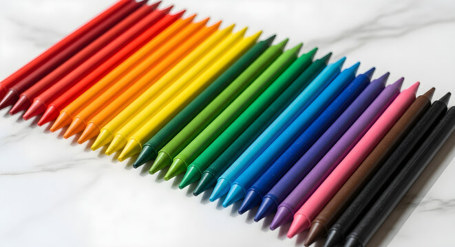 Vibrant Rainbow Crayons Arranged in a Gradient on White Marble Background