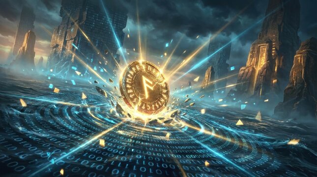 Digital Currency Genesis: A glowing cryptocurrency coin, imbued with a mystical rune, emerges from a vortex of swirling water and digital code. The scene is dramatic.
