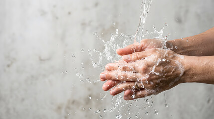 Fototapeta premium Washing hands with water and soap bubbles against a neutral textured background