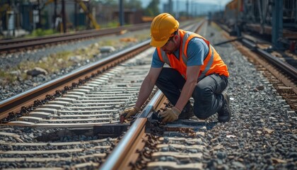 Fototapeta premium Engineer inspects railway track line.
