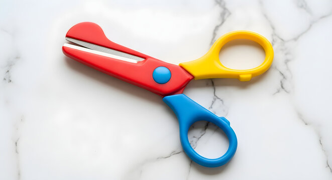 Bright colorful safety scissors for kids on a white marble background - top view