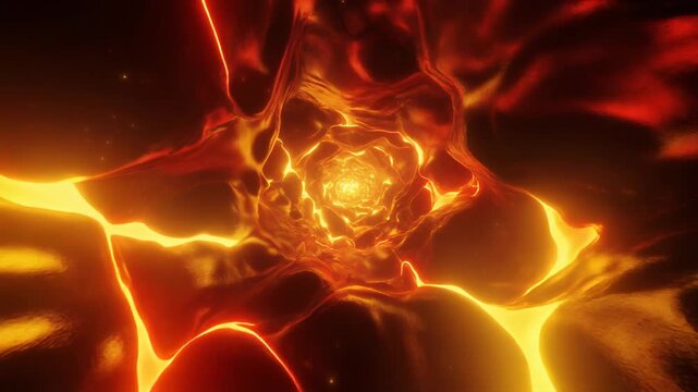 d render of a swirling fiery energy portal with bright orange and yellow glowing cracks surrounding a luminous central core in dark space