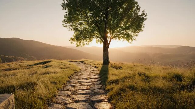 stone path to tree sunset.
