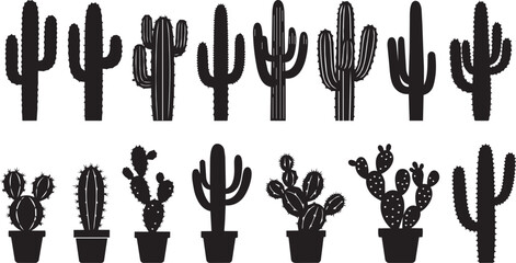 Various potted cactus silhouettes in a clean white background © SDR