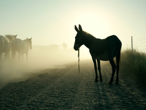 Silhouette of a donkey standing on a dusty rural path with horses in the hazy background during a serene sunrise or sunset