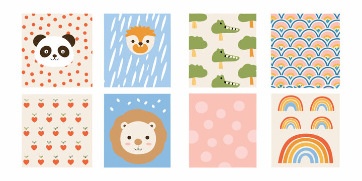 adorable pastel colored nursery wall art collection featuring animals and patterns panda lion crocodile rainbow hearts stripes