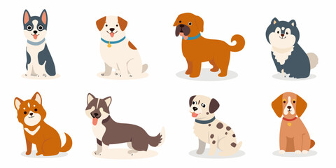 various dog breeds in cute flat vector style on white background dogs puppies canines husky beagle dalmatian © RanjanKumar