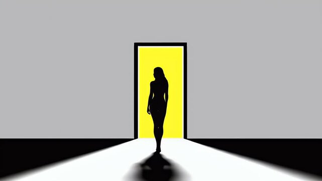 Silhouette of a woman stands before a bright yellow doorway