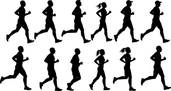 Running men and women, isolated vector silhouettes. Run, side view. Silhouettes of athletic looking male and female runners running. Transparent EPS version.