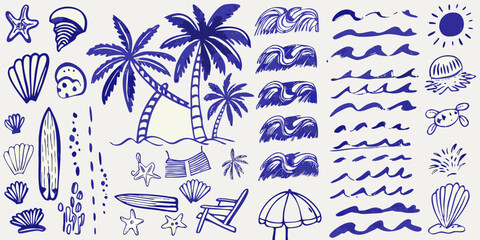 hand drawn blue summer beach doodles on white background palm trees waves shells surfboard umbrella chair starfish © RanjanKumar