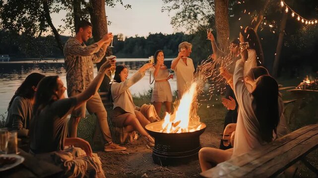 Campers gathered around fire.