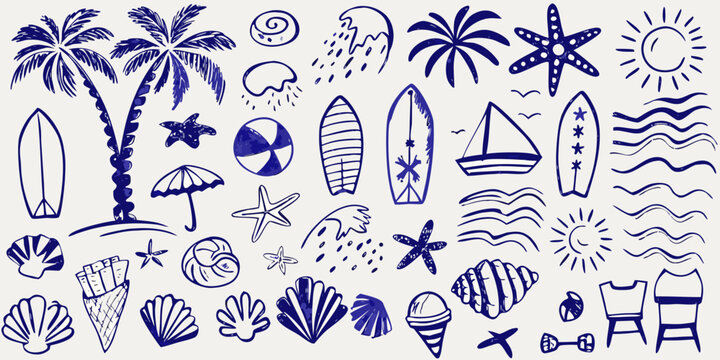 hand drawn blue summer beach doodles on white background palm tree surfboard umbrella shell ice cream starfish