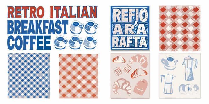 retro italian breakfast coffee poster collection vector illustration graphic design pattern cup mug croissant espresso machine argyle