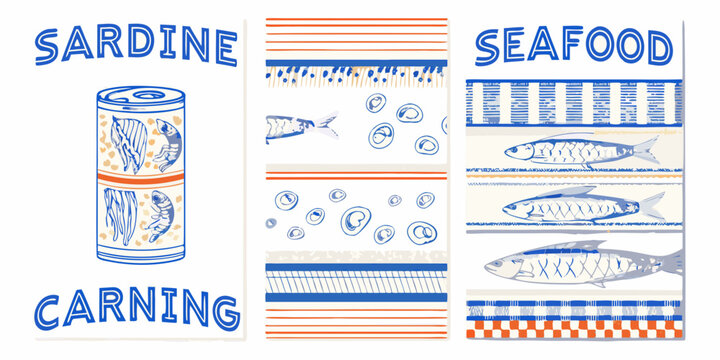 sardine canning retro illustration with seafood patterns pattern fish marine food graphic design vector art blue orange