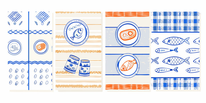 retro style sardine and seafood illustration set on white background fish plate pattern blue orange vector graphic