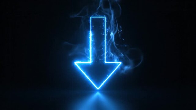 A glowing blue neon arrow points down on a dark floor