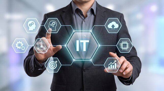 Centralized information technology management system displaying enterprise digital networking and automation workflow