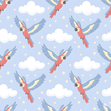 seamless pattern of cute cartoon blue and scarlet macaw parrots flying with spread wings