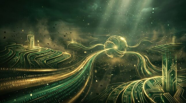Cosmic Nexus: An ethereal, otherworldly landscape depicts a luminous orb connected by glowing pathways to crystalline structures, suggesting advanced technology and cosmic energy.