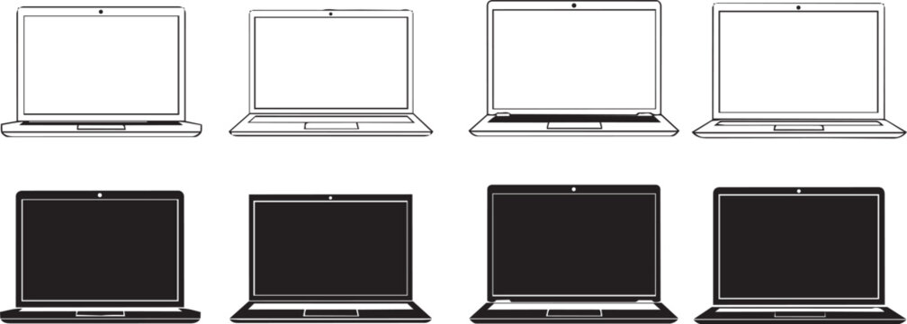 Four laptop outlines and four solid laptops arranged in two rows on a white background