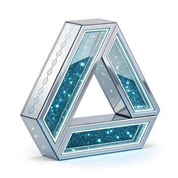 Impossible triangular shape with glittering blue particle interior and reflective metallic edges triangle impossible particles