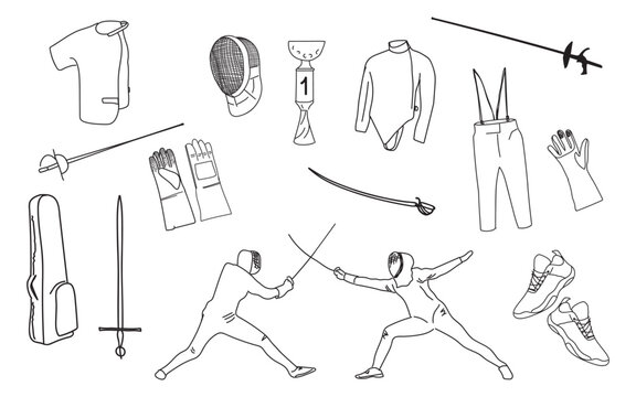 Fencing sport clip art set with athletes, protective masks, epee, foil, sabre, professional uniform, gloves, shoes, winner trophy cup, minimalist line drawing outline collection