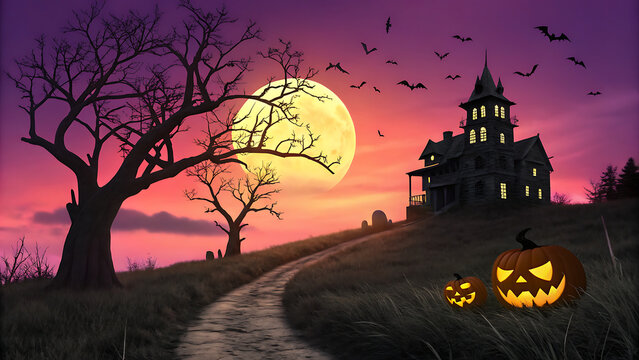 Haunted house on a hill with glowing jack-o'-lantern pumpkins at sunset, Halloween background