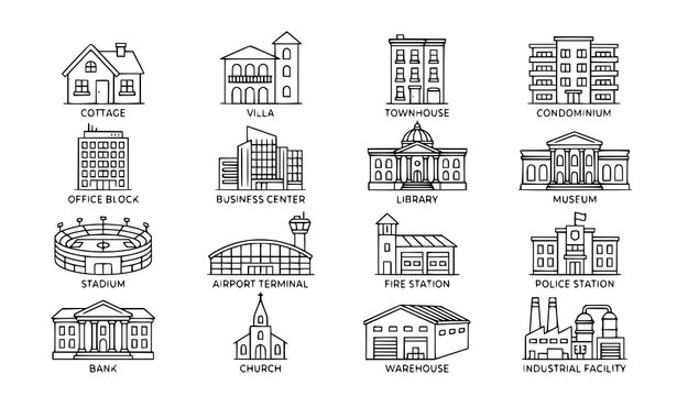 Set of 16 real estate and public buildings line icons with text labels