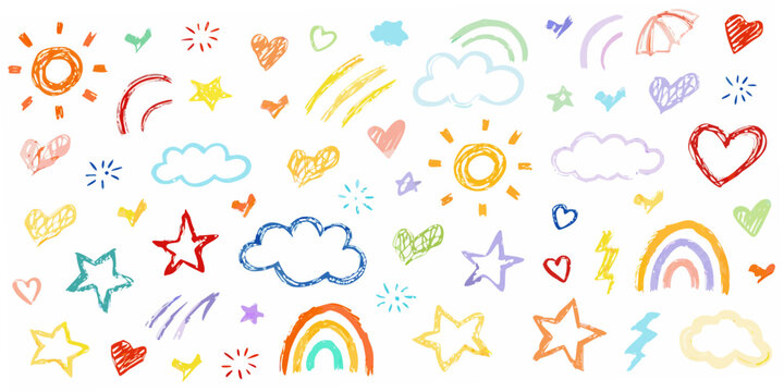 Colorful crayon style pattern of stars hearts rainbows and clouds