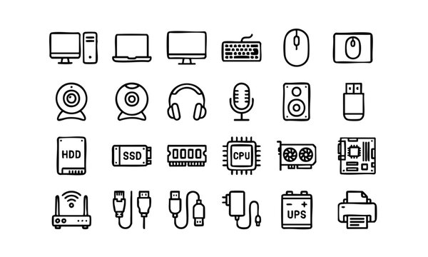 Hand drawn computer hardware vector icons tech doodles