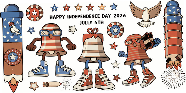 Independence day themed cartoon illustration with fireworks liberty bell and dove