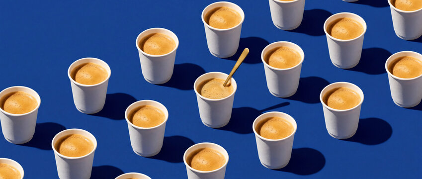 Coffee cup pattern on blue background with white paper cups of hot espresso and one golden spoon in the center, creating a minimalist flat lay composition for cafe menus or coffee shops