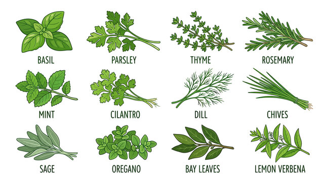 Culinary Herbs Collection: Basil, Parsley, Mint, Thyme, Rosemary, Dill, Sage, Oregano, Bay Leaves, Chives, Cilantro, Lemon Verbena