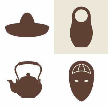 Cultural icon set featuring a mexican sombrero russian nesting doll kettle and asian mask.