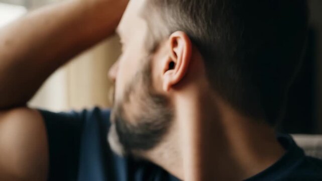 Man in Thought Close up of a bearded man with his hand on his head deep in contemplation The soft lighting and shallow depth of field create an intimate atmosphere