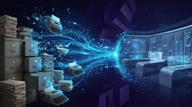 Data Transformation in Modern Office: Old filing cabinets overflow with documents, being digitized and transformed into glowing digital data streams that flow into a futuristic.