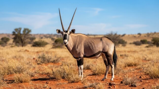 A serene oryx stands in the savannah, surrounded by dry grass and shrubs, under a clear blue sky with a glass of ice water on a table in the distance.
