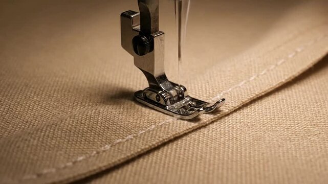 Extreme Macro Shot Of An Automated Sewing Needle Piercing Through Fabric, Showcasing Precision And Mechanism In Craftsmanship