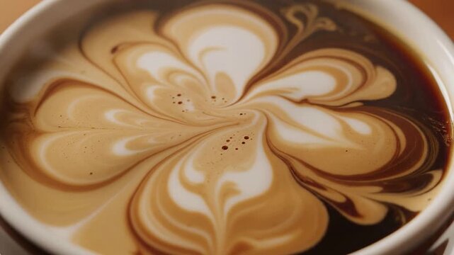Extreme Macro Shot Of Cream Creating Intricate Swirls In A Cup Of Coffee Highlighting Rich Textures And Colors For Gourmet Beverage Visuals