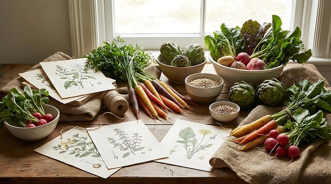 Fresh garden vegetables and botanical prints on rustic tabletop