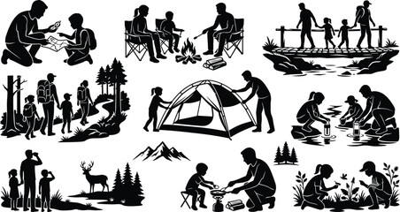 Family camping and outdoor adventure activity silhouettes set featuring hiking tent campfire and nature exploration scenes © Mst