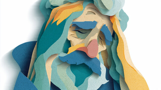 Colorful layered paper portrait of a contemplative person with flowing hair and beard in soft pastel tones for art and creative projects