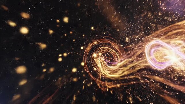 Abstract cosmic energy flow with purple and gold light trails and sparks